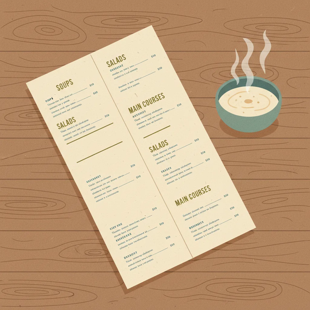 A long restaurant menu held open on a wooden table next to a single small dish of soup.