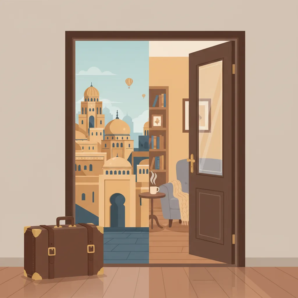 A suitcase beside a front door, one half showing a foreign cityscape, the other half showing a familiar living room.