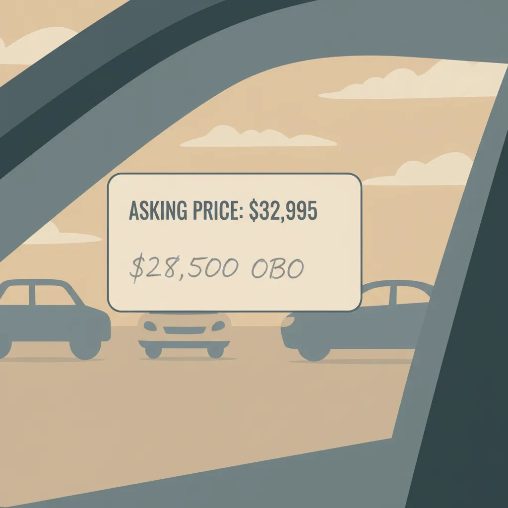 A price sticker on a car window, one side showing the full asking price, the other showing a lower handwritten number.