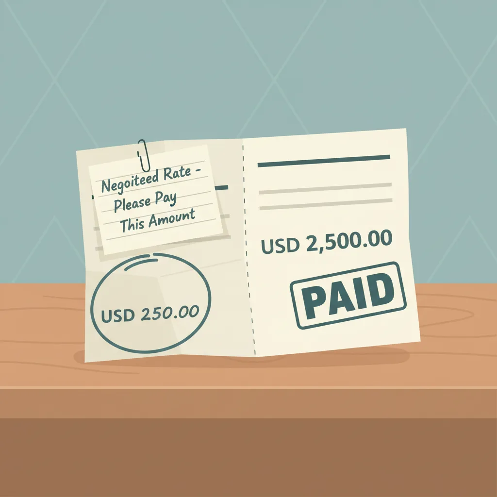 A hospital bill on a desk, one copy with a reduced handwritten amount, the other stamped paid in full at the original amount.