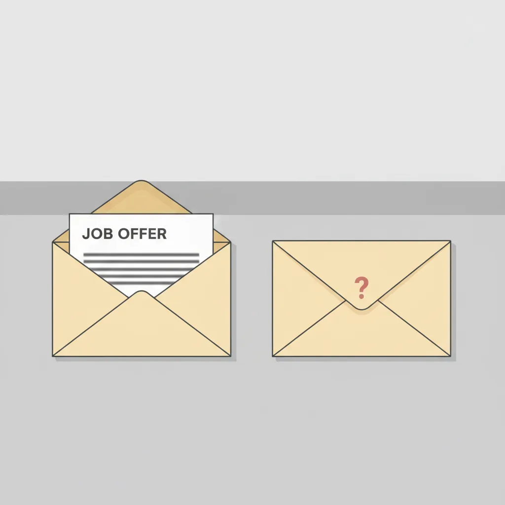 Two identical envelopes on a desk, one opened with a visible offer letter, the other sealed with a red question mark.