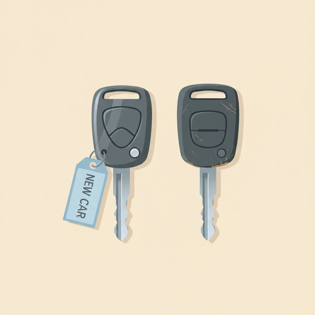 Two car keys side by side on a plain surface, one shiny and new, the other slightly worn.