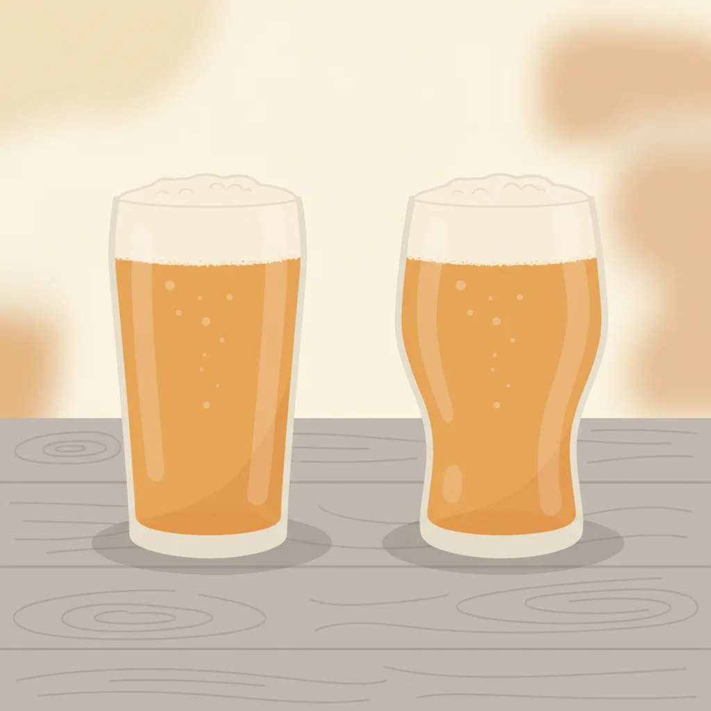 Two identical pint glasses on a bar surface, one filled with pale amber beer, the other filled with a near-identical-looking 0.0% pour.