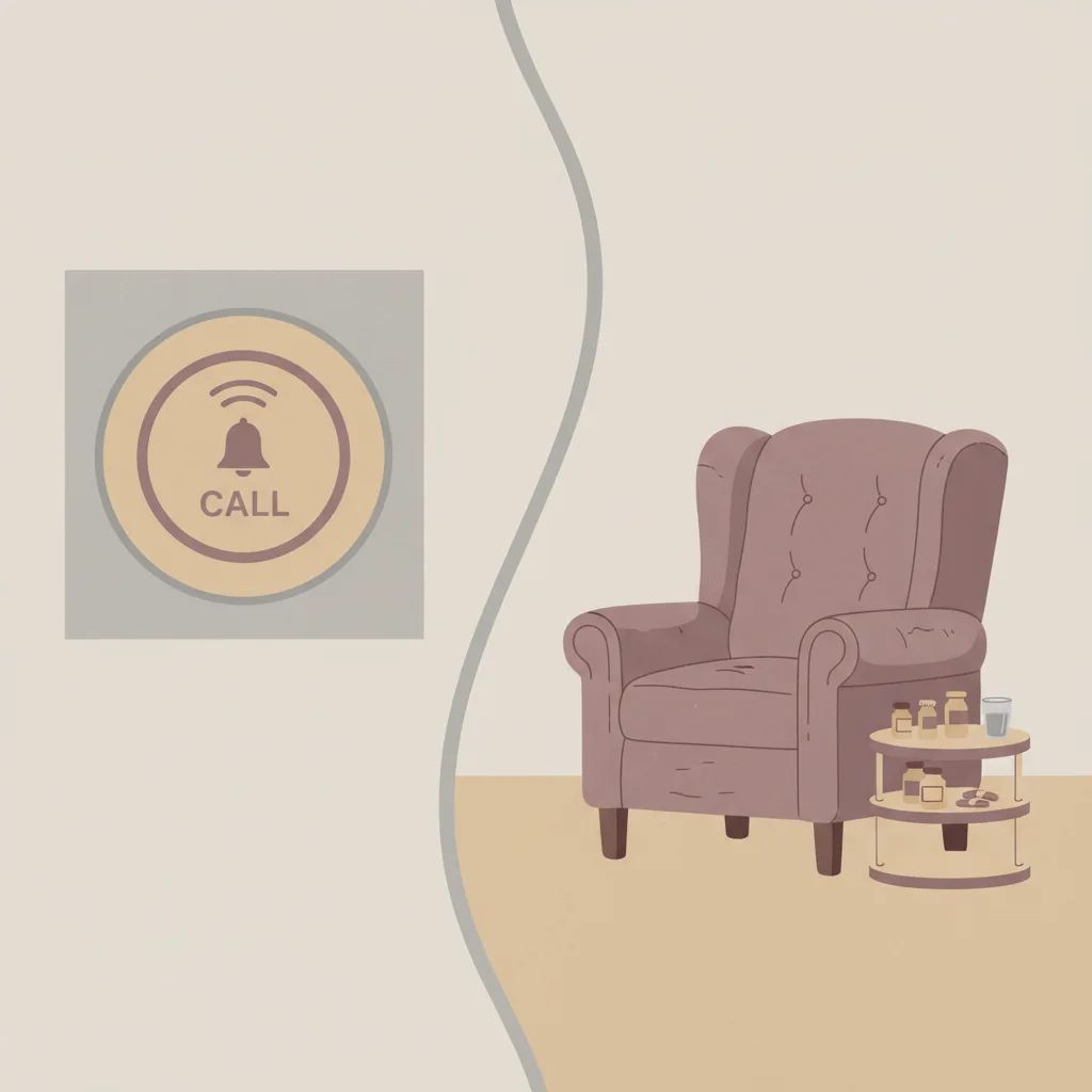 A hospital call button on the left and a home armchair with a medication tray on the right