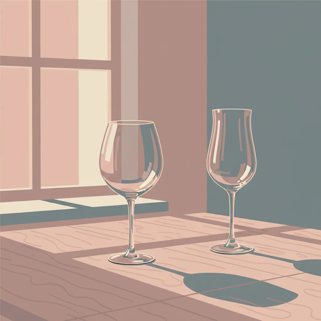 Two empty wine glasses on a table, one slightly apart from the other, soft evening light.