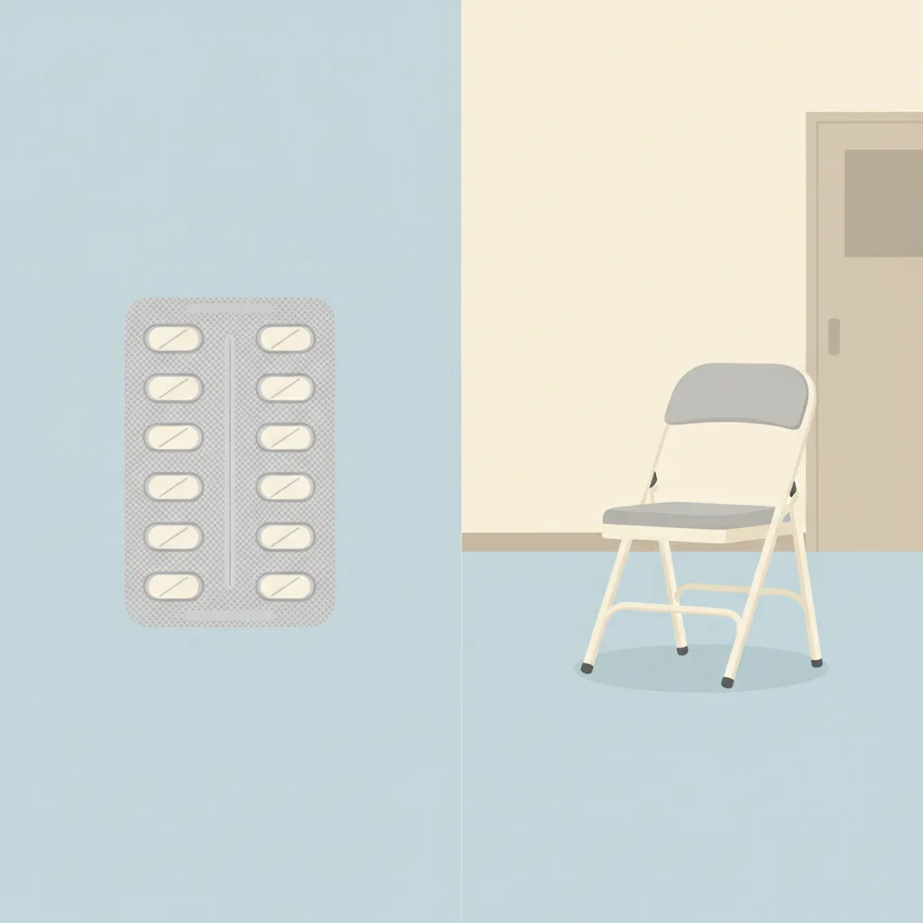 A blister pack of medication tablets on the left beside an empty twelve-step meeting chair on the right