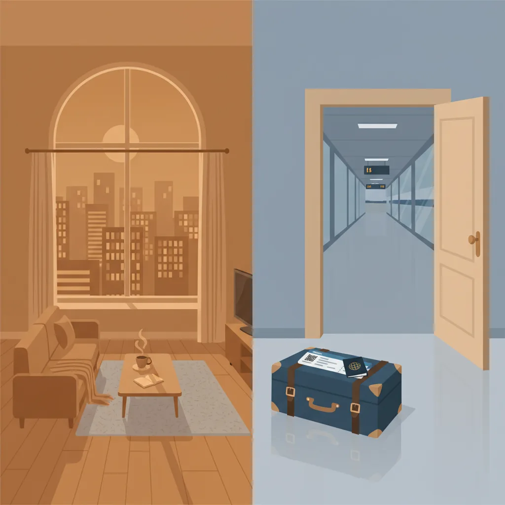 A split scene: on the left, a city apartment with a view of a familiar skyline; on the right, an airplane ticket and a closing door.