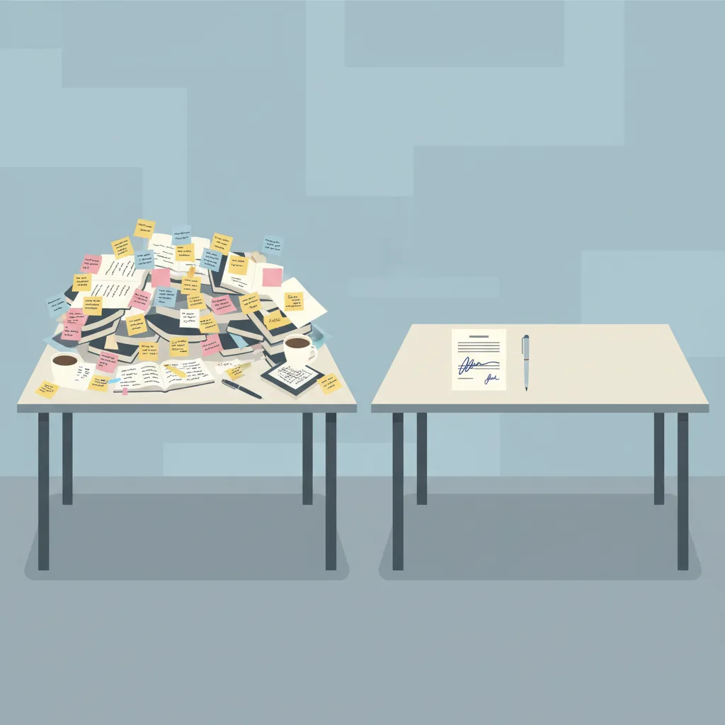 Two desks side by side, one covered in sticky notes and open notebooks, the other clear with a single signed document.