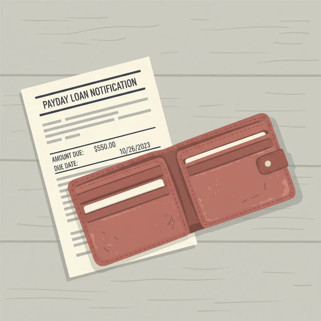 A high-interest loan notice next to an empty wallet on a kitchen table.