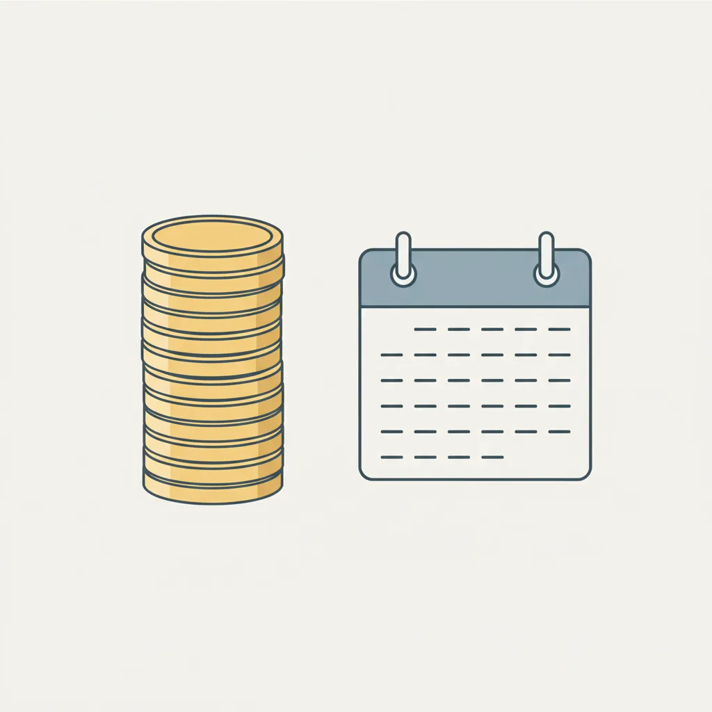 A flat vector illustration of a large coin stack alongside a simple calendar with monthly marks