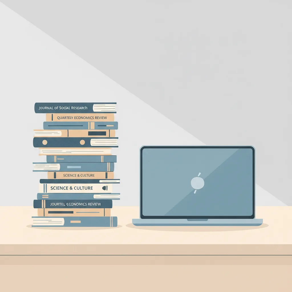 A stack of academic journals and a business laptop resting side by side on a desk.