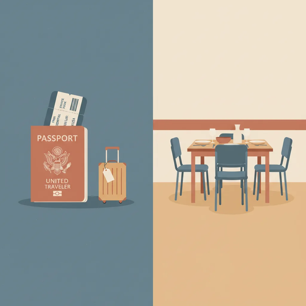 A split scene: a passport and boarding pass on one side, a family dinner table on the other, both rendered in muted illustration style.
