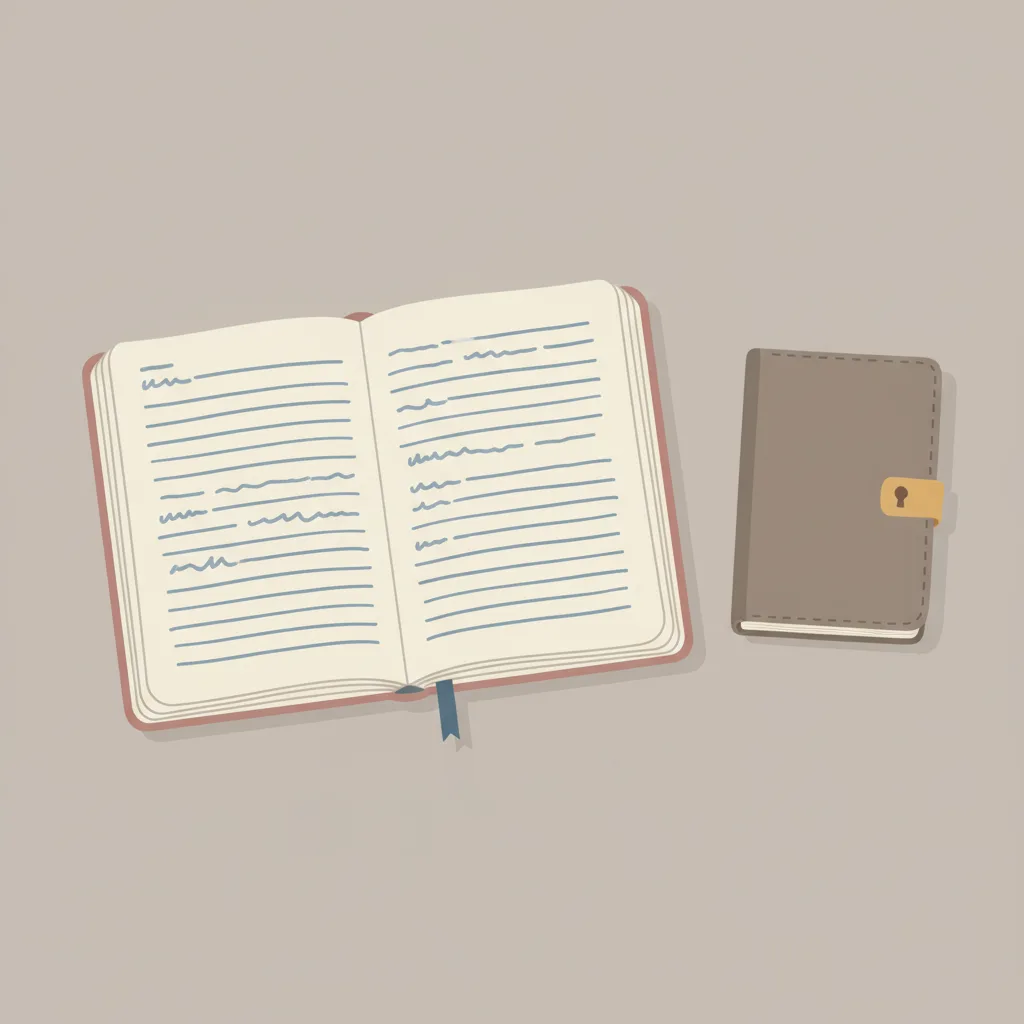 An open journal beside a closed locked diary on a plain surface