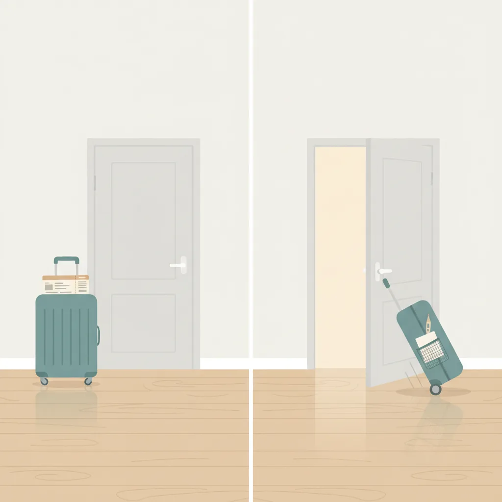 Flat editorial illustration: on the left a packed suitcase pushed back from the door, on the right the same suitcase being wheeled out toward an open door with a tissue and thermometer tucked into a side pocket