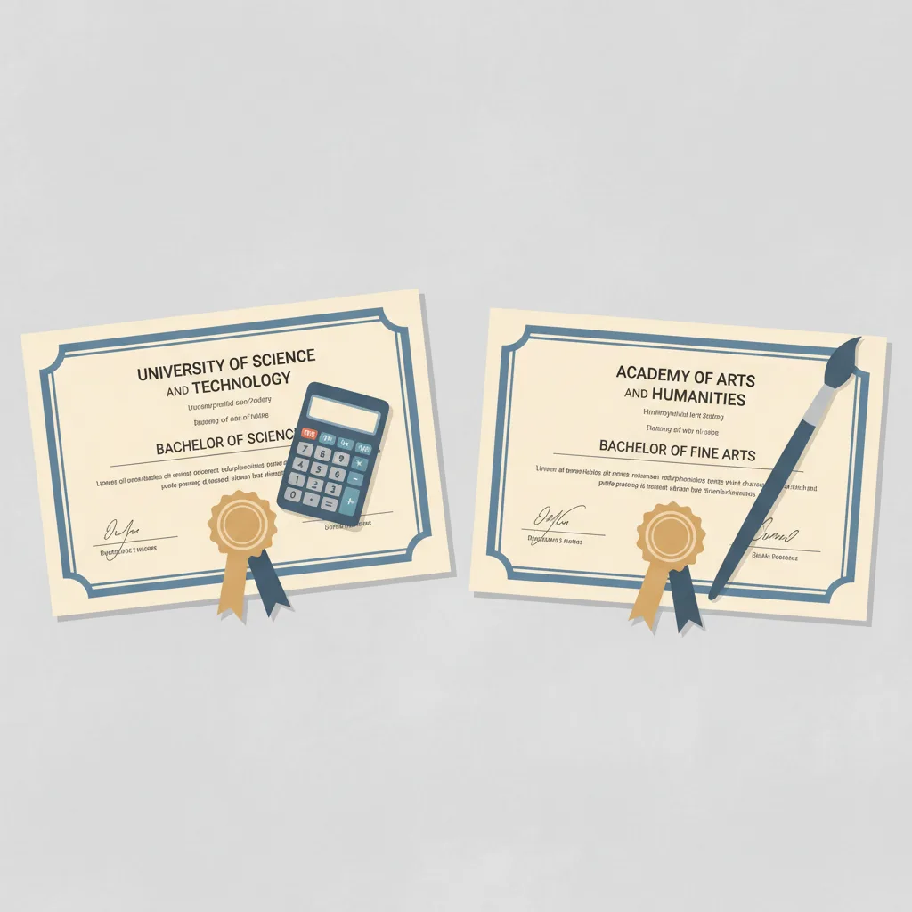 Two diplomas side by side, one with a calculator and the other with a paintbrush resting on it.