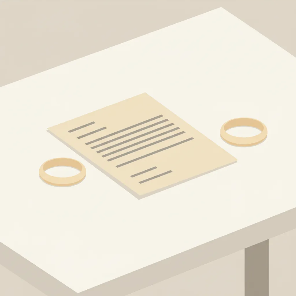 Two rings resting on either side of a folded legal document on a clean surface.
