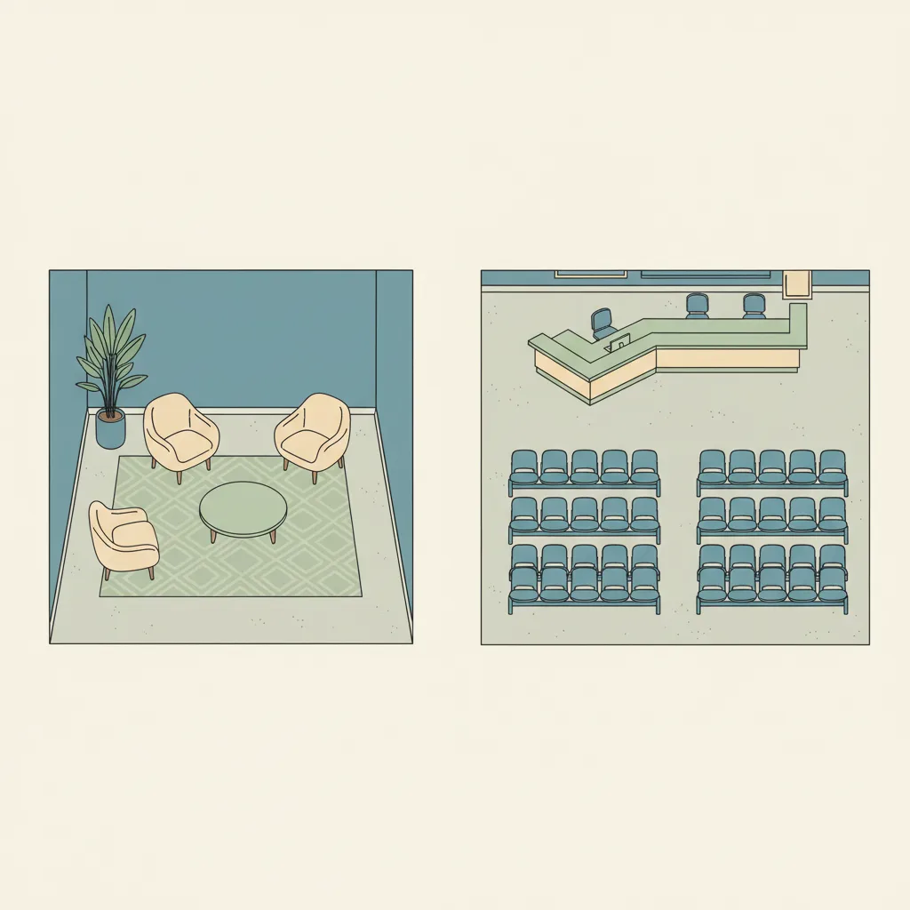 Two waiting rooms side by side, one small and quiet, one large and crowded.