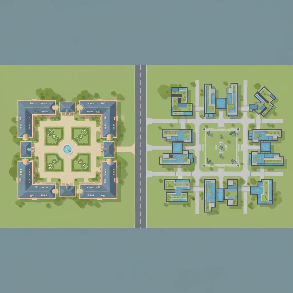 Two university campuses seen from above, one with a manicured courtyard and one with a sprawling modern campus.