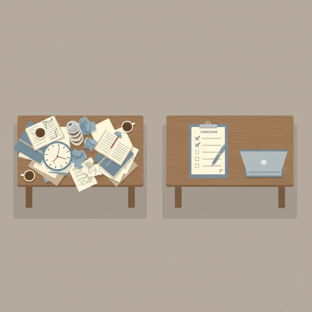 Two identical desks side by side, one cluttered with unfinished papers and a stopped clock, the other clean with a completed checklist.