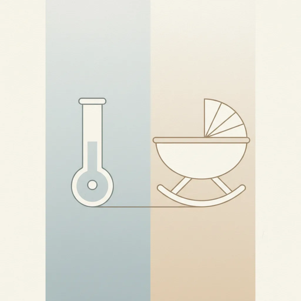 A flat vector illustration of a simple fertility clinic symbol alongside a quiet empty crib