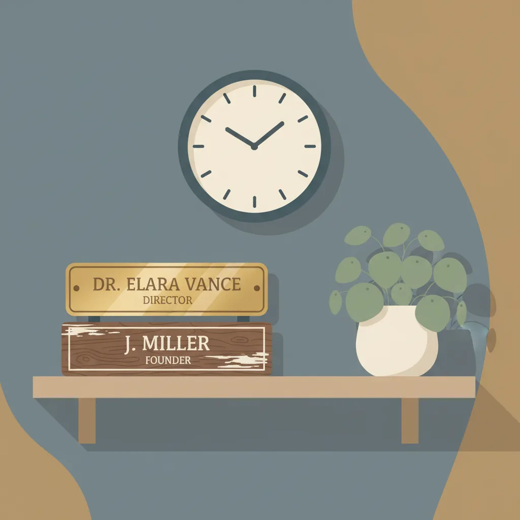 Two stacked nameplates on an office shelf, one polished and one weathered, with a clock above showing late evening.