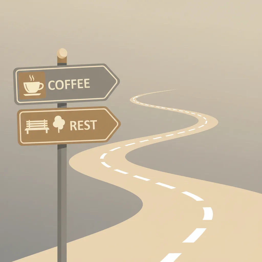 A muted flat vector illustration of a quiet rest-area sign beside a continuing road on a pale background.