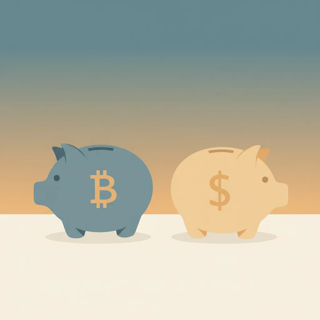 Two piggy banks side by side, one decorated with a Bitcoin symbol, the other plain with a dollar sign.