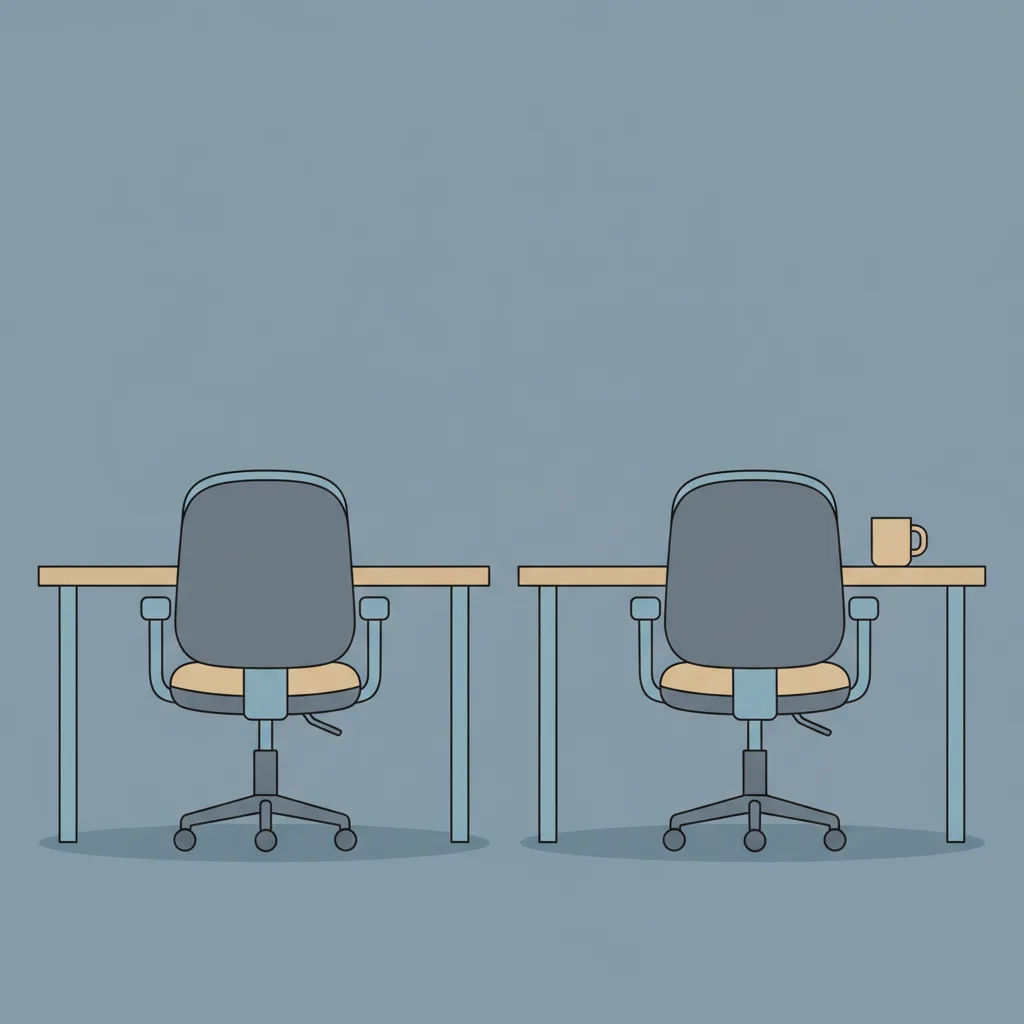 Two desk chairs side by side, one pushed back from an empty desk, the other tucked in with a coffee mug on the desk.