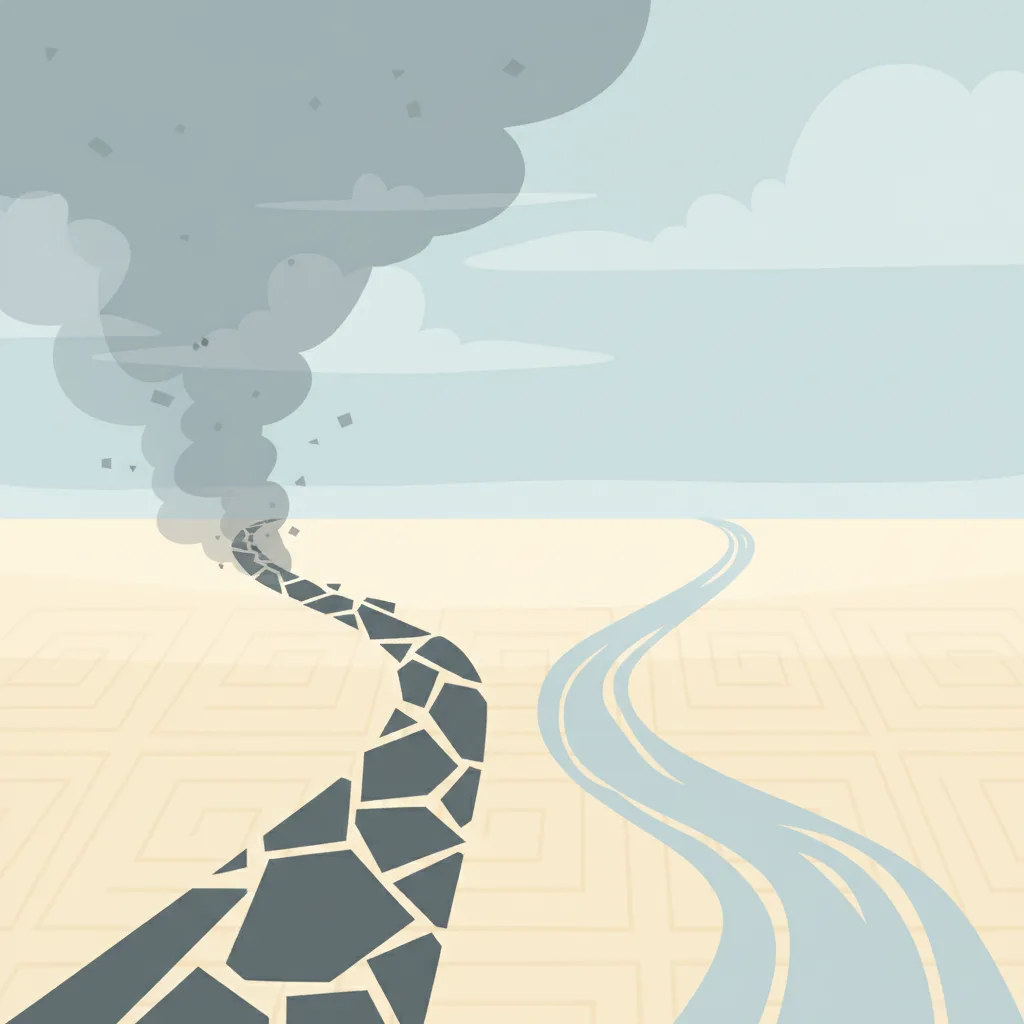 Two diverging paths, one fading into haze, the other leading into clear open air.