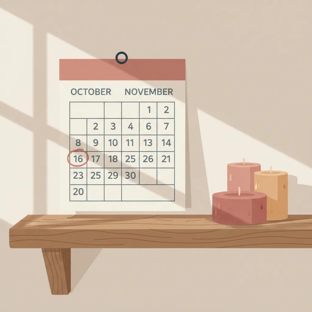 A wall calendar with one day circled in red against a stack of unlit candles.