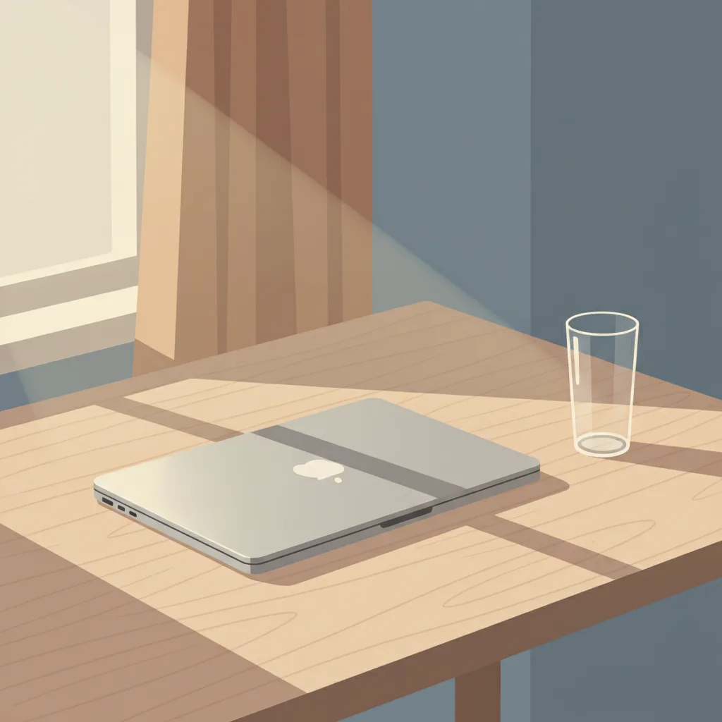 A closed laptop on a desk next to an empty glass of water in soft evening light.