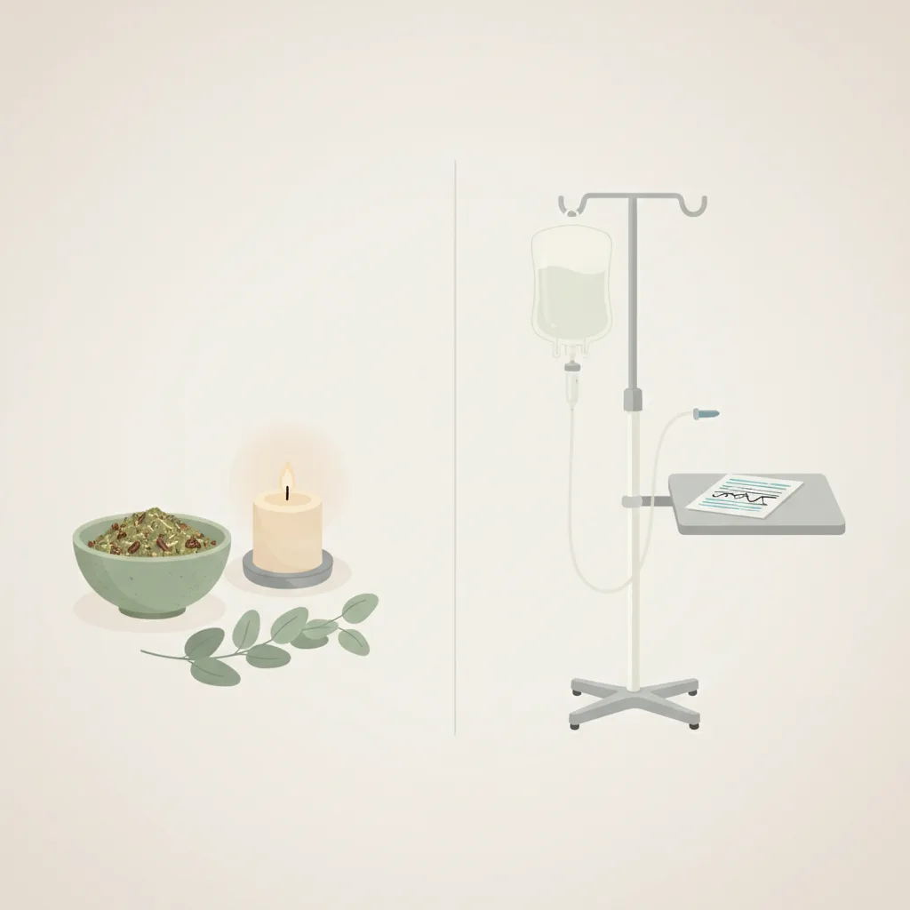 Flat editorial illustration: on the left a bowl of herbs and a candle, on the right a hospital IV stand with a folded chart