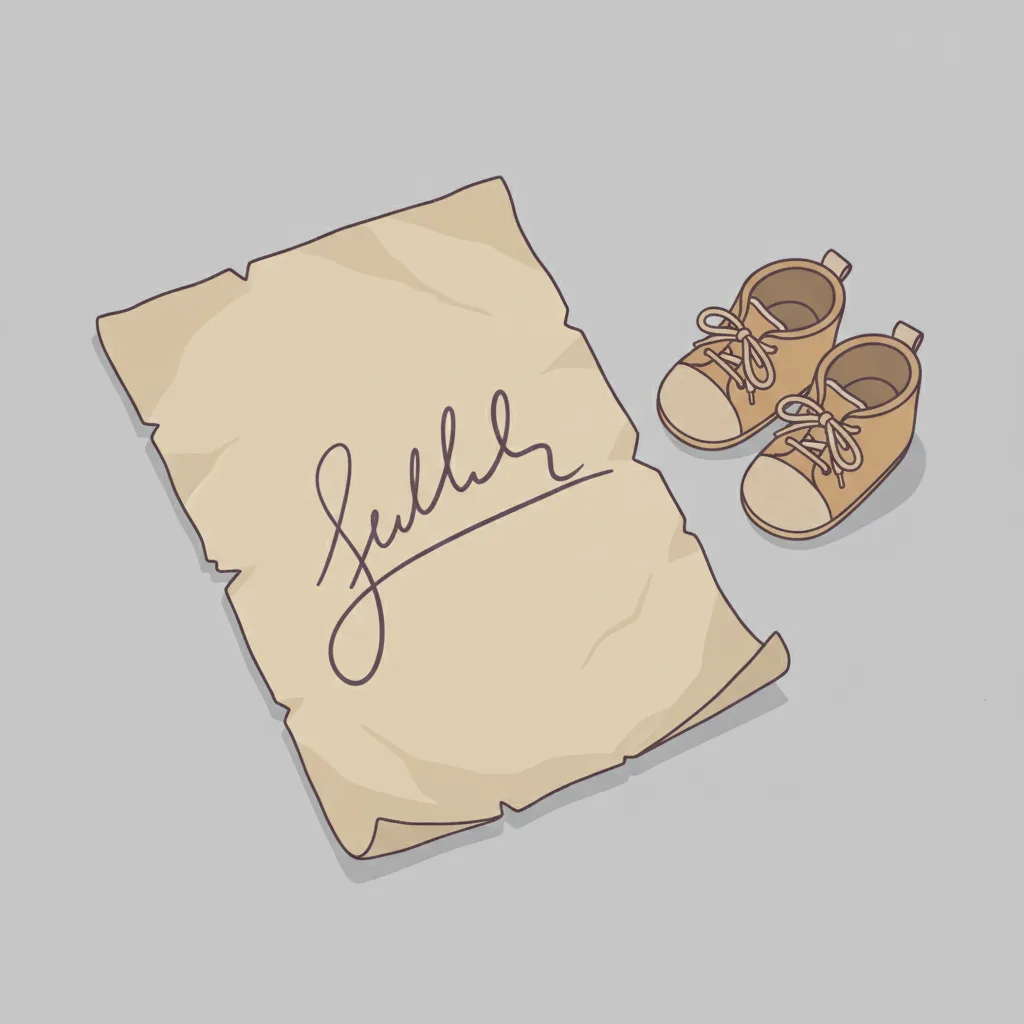 A signed document resting beside a small pair of infant shoes on a bare table.