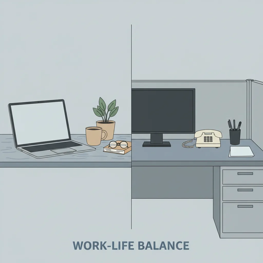 A split view of a home desk with a laptop on the left and a corporate office cubicle on the right, both empty.
