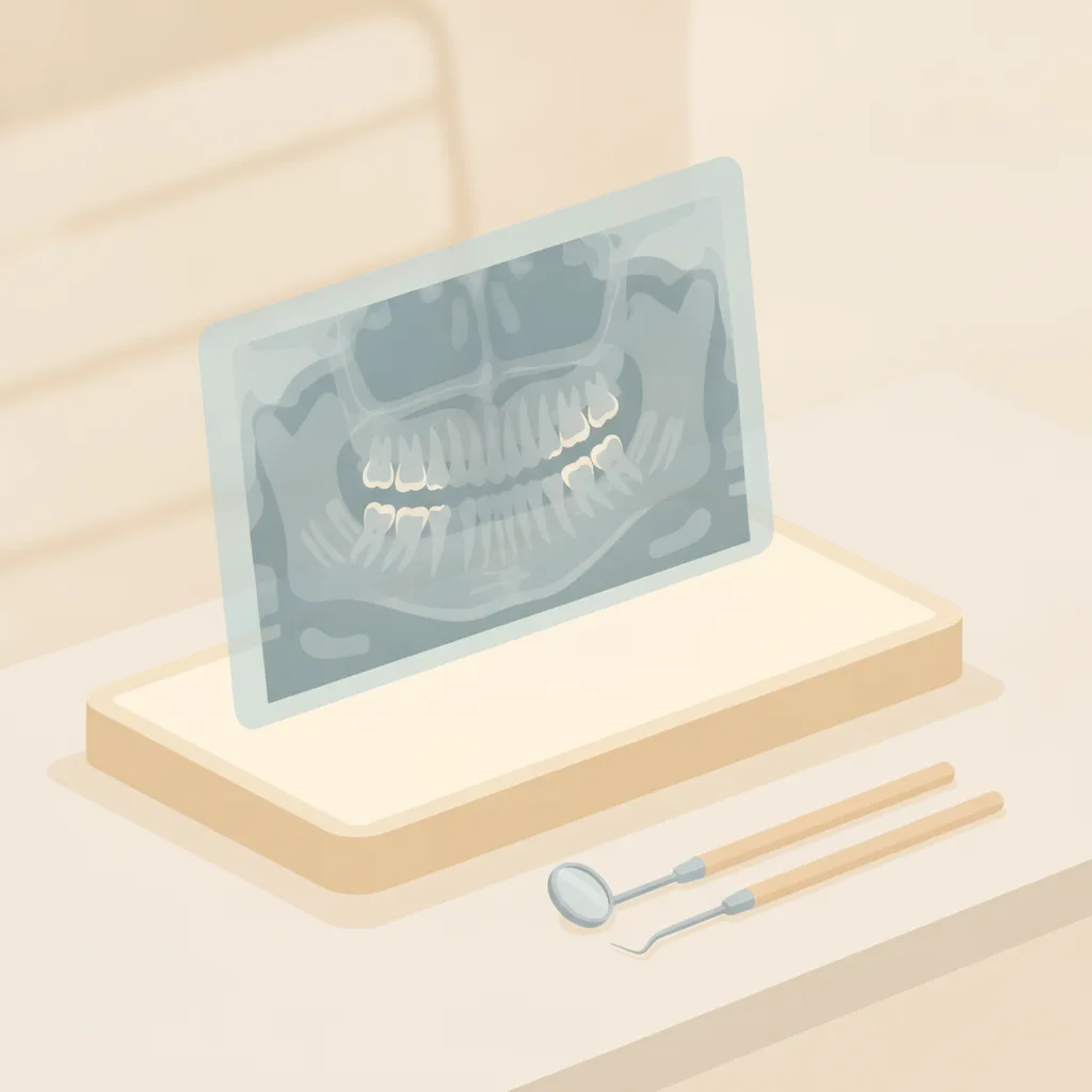A panoramic dental radiograph propped on a lightbox beside a mirror probe