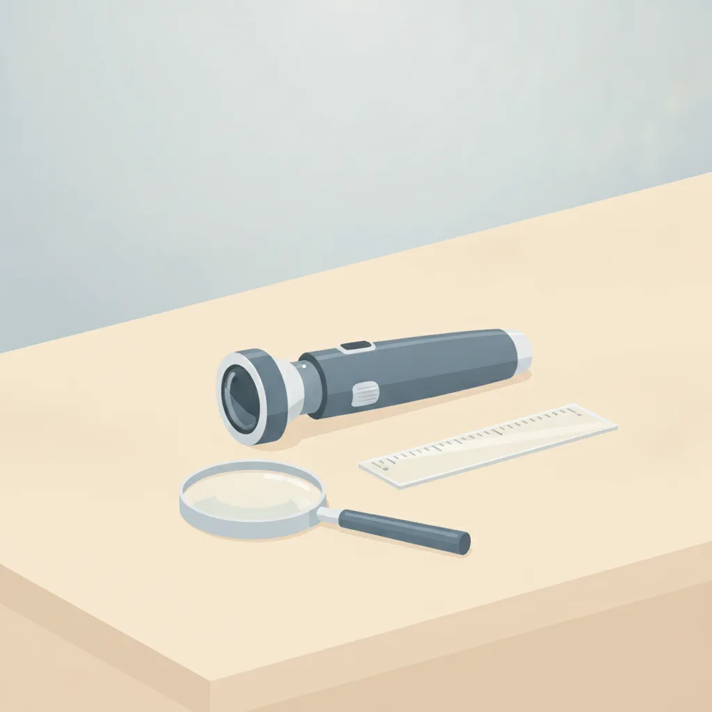 A dermatoscope resting beside a ruler and a magnifying loupe on a clinic desk