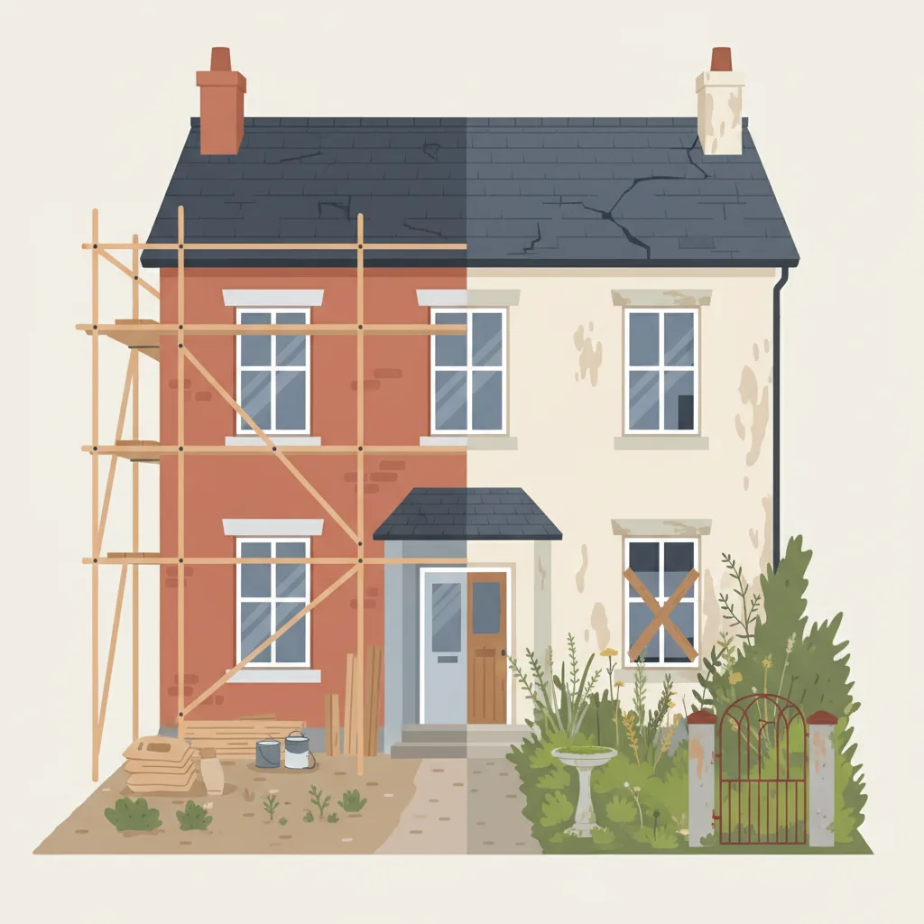 A house split down the middle, one half freshly painted with scaffolding, the other half unchanged and weathered.