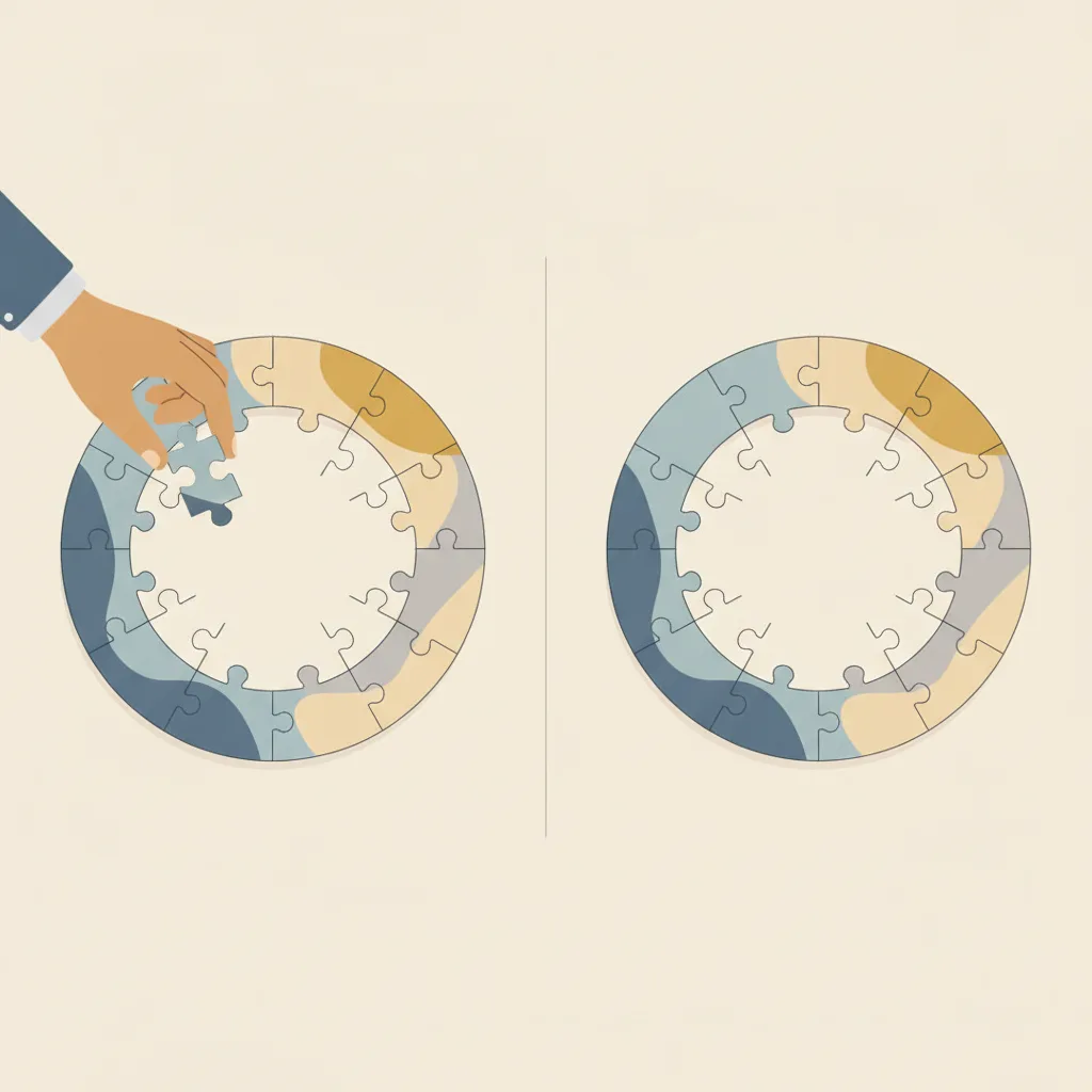 A hand reaching in to complete a puzzle on the left, and an unfinished puzzle sitting alone on the right.
