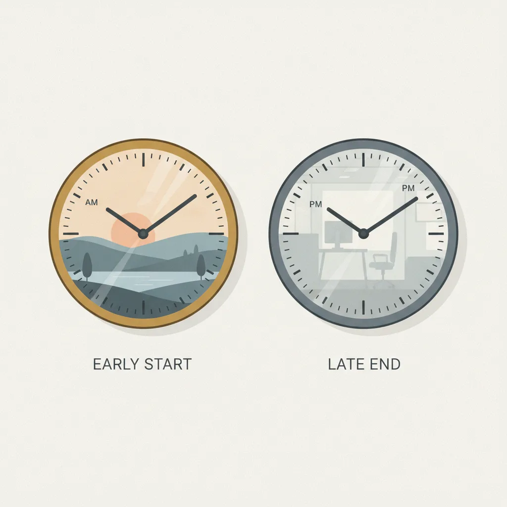 Two clocks side by side, one showing an early hour with a calm landscape, the other showing a late hour with an office silhouette.