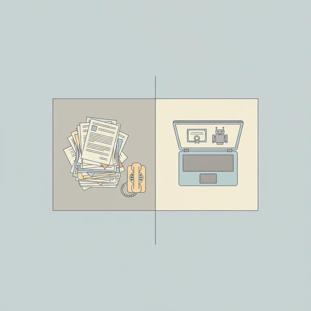 A person's desk split between an old job task stack and a new training certificate beside a robot icon