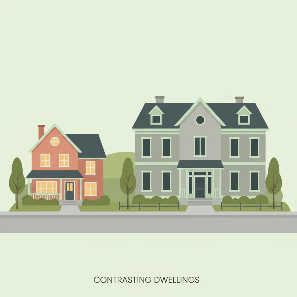 Two houses side by side — one compact and tidy, the other larger with several dark, unused windows.