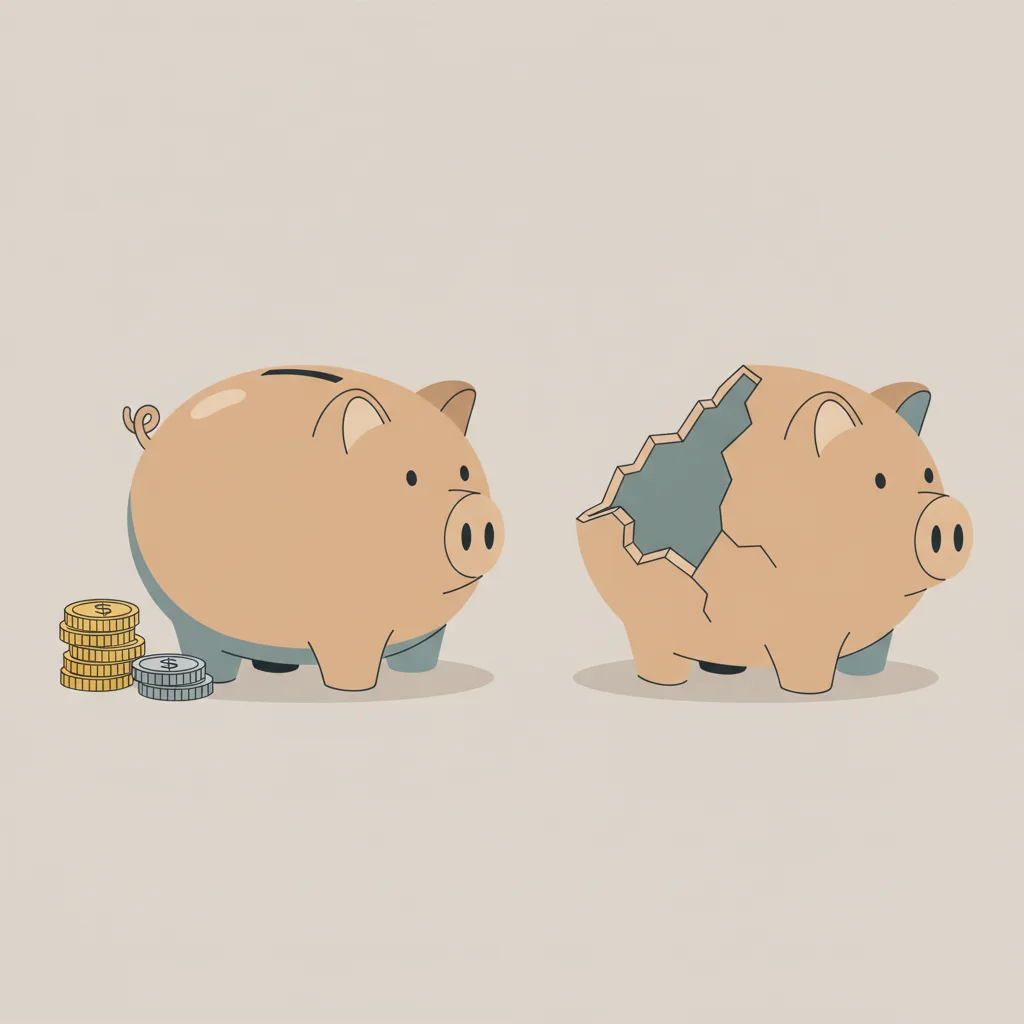 Two piggy banks side by side, one plump and full, the other cracked and empty.