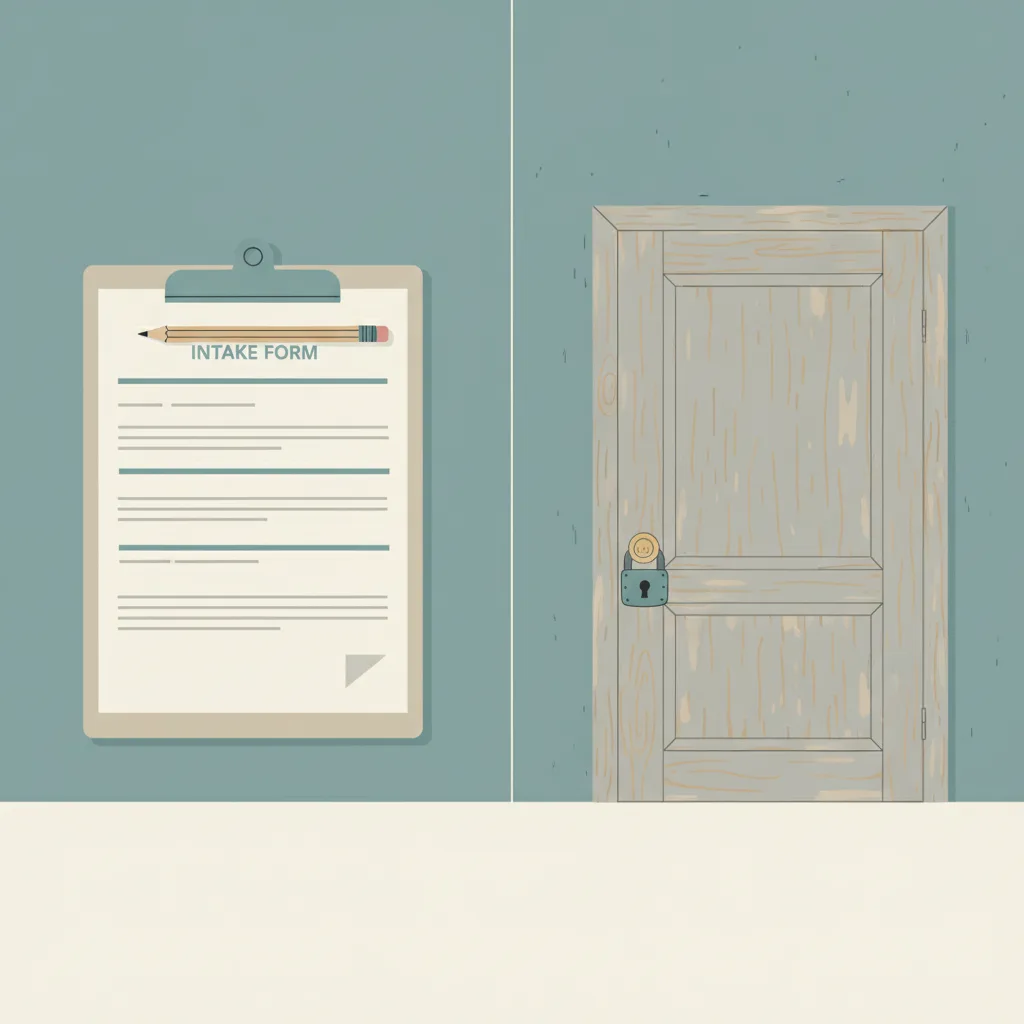 A clipboard with a treatment intake form next to a closed door with a padlock