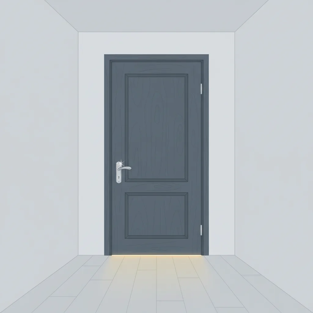A closed door with a small window of light visible at the threshold.