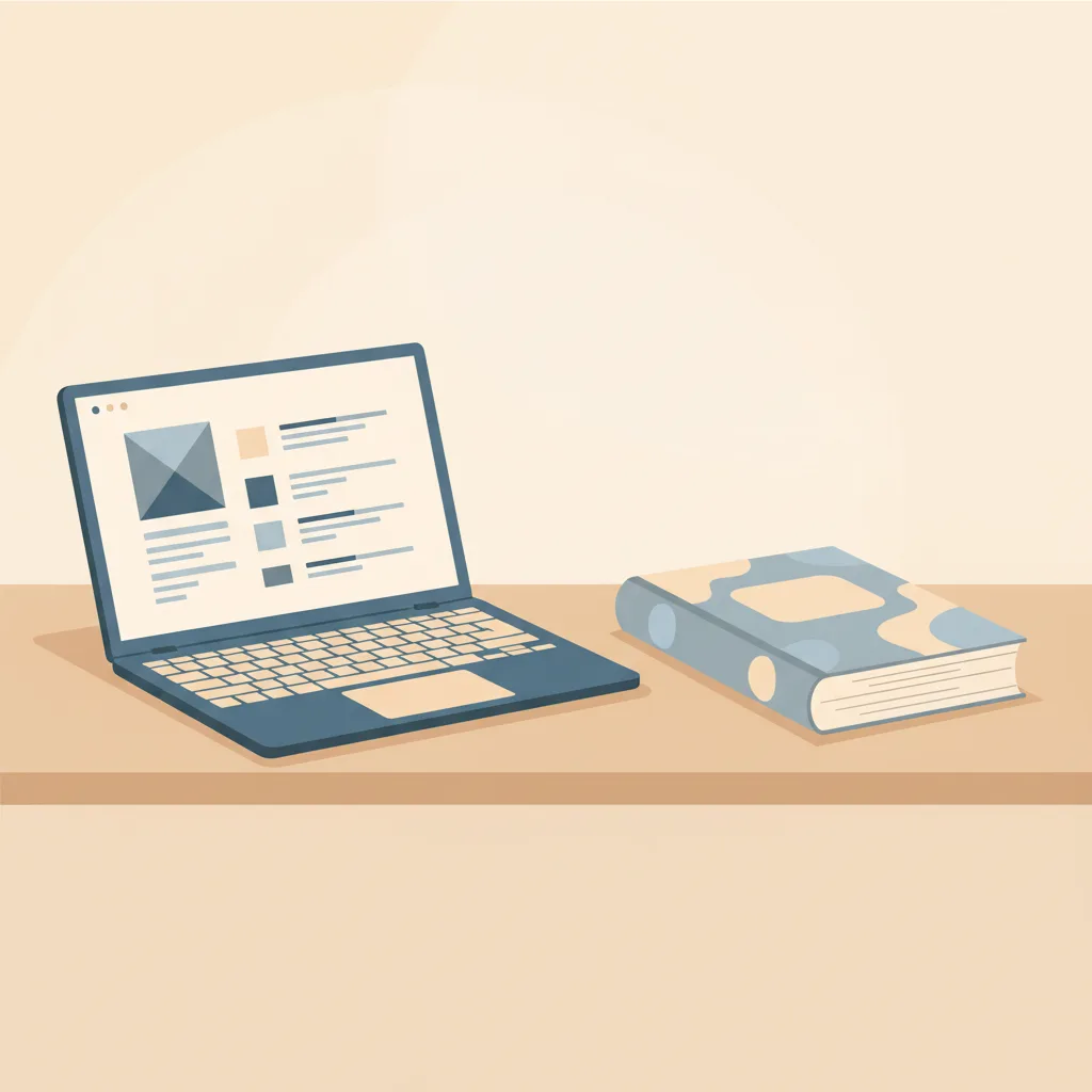 A laptop displaying an online course on one side of a desk, a closed textbook on the other.
