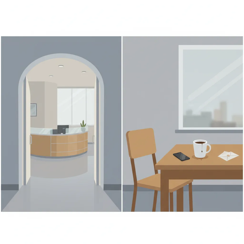 An open doorway leading into a treatment facility on the left, and an empty chair at a kitchen table with an untouched phone on the right