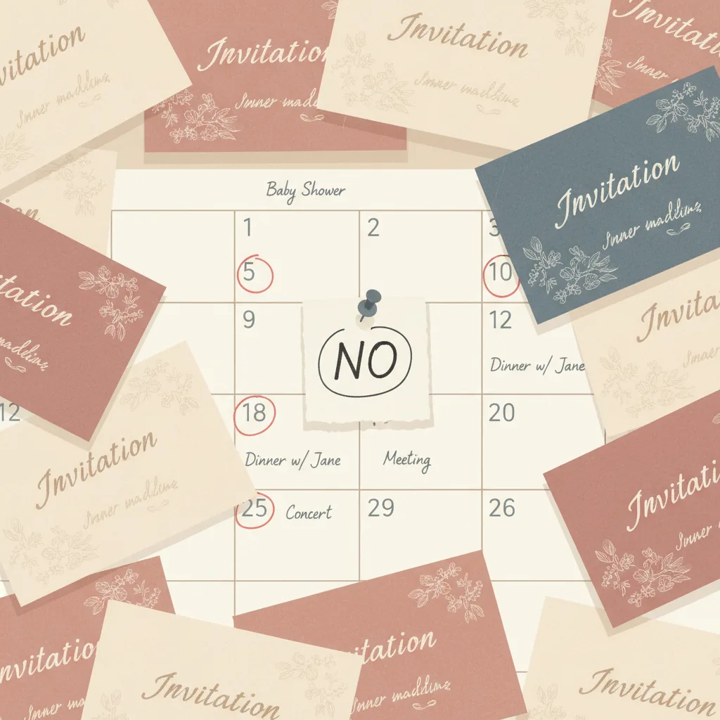 A wall calendar covered in event invitations and circled dates, a single small 'no' note pinned in the center.