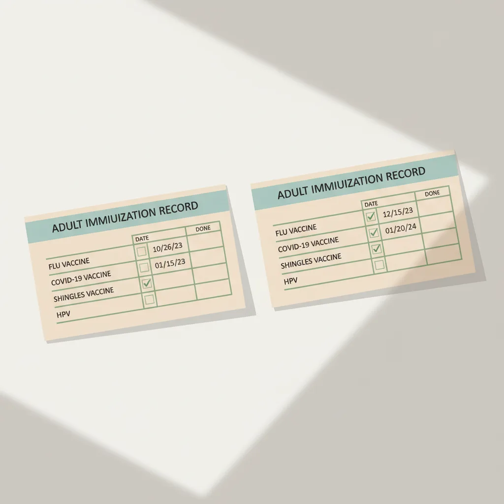 Flat editorial illustration: on the left an empty adult immunization card, on the right a filled adult immunization card with completion marks
