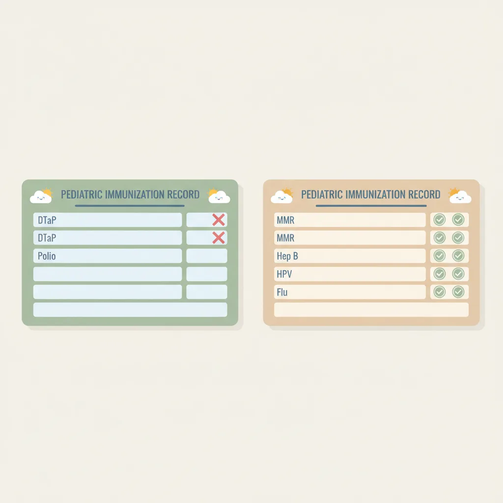 Flat editorial illustration: on the left an empty pediatric vaccination chart with no stamps, on the right a fully filled vaccination chart with small star stamps
