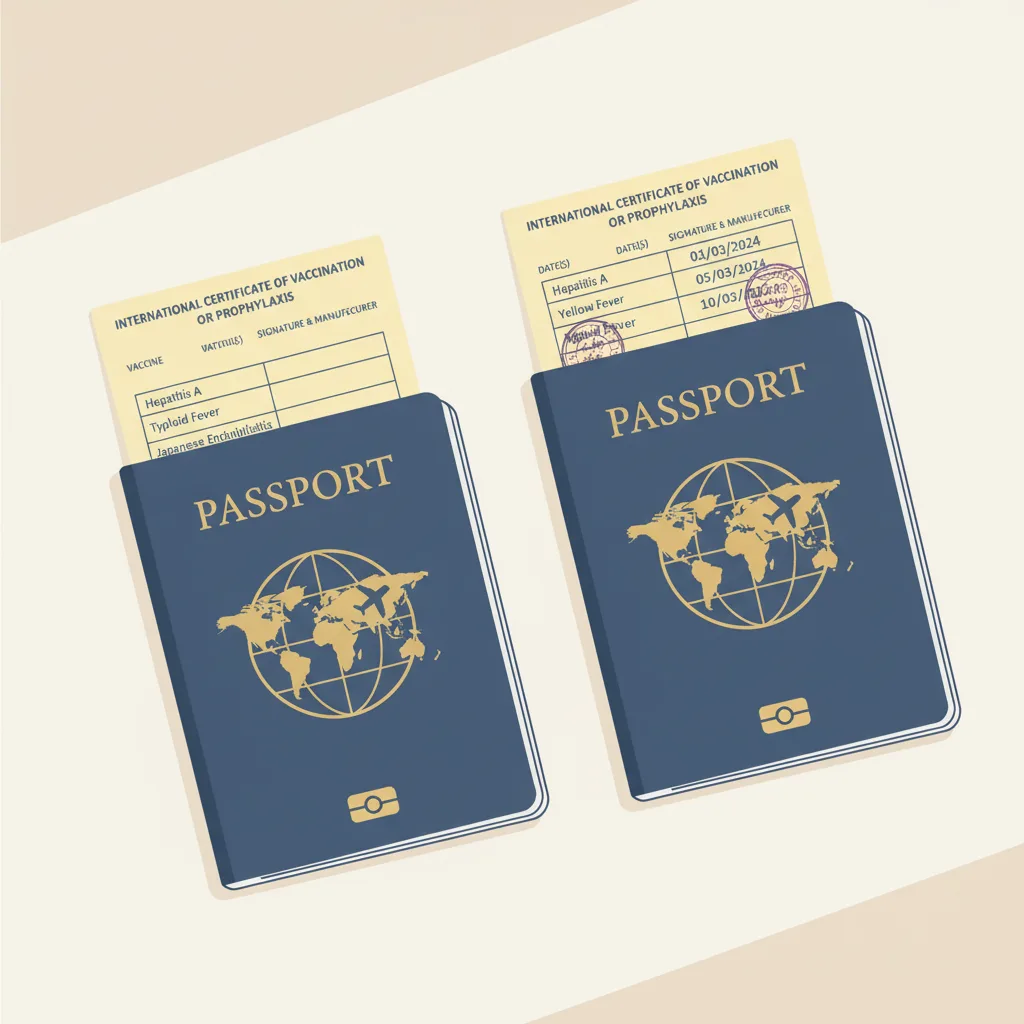 Flat editorial illustration: on the left a passport with an empty yellow WHO international vaccination card, on the right the same passport with the card stamped and filled